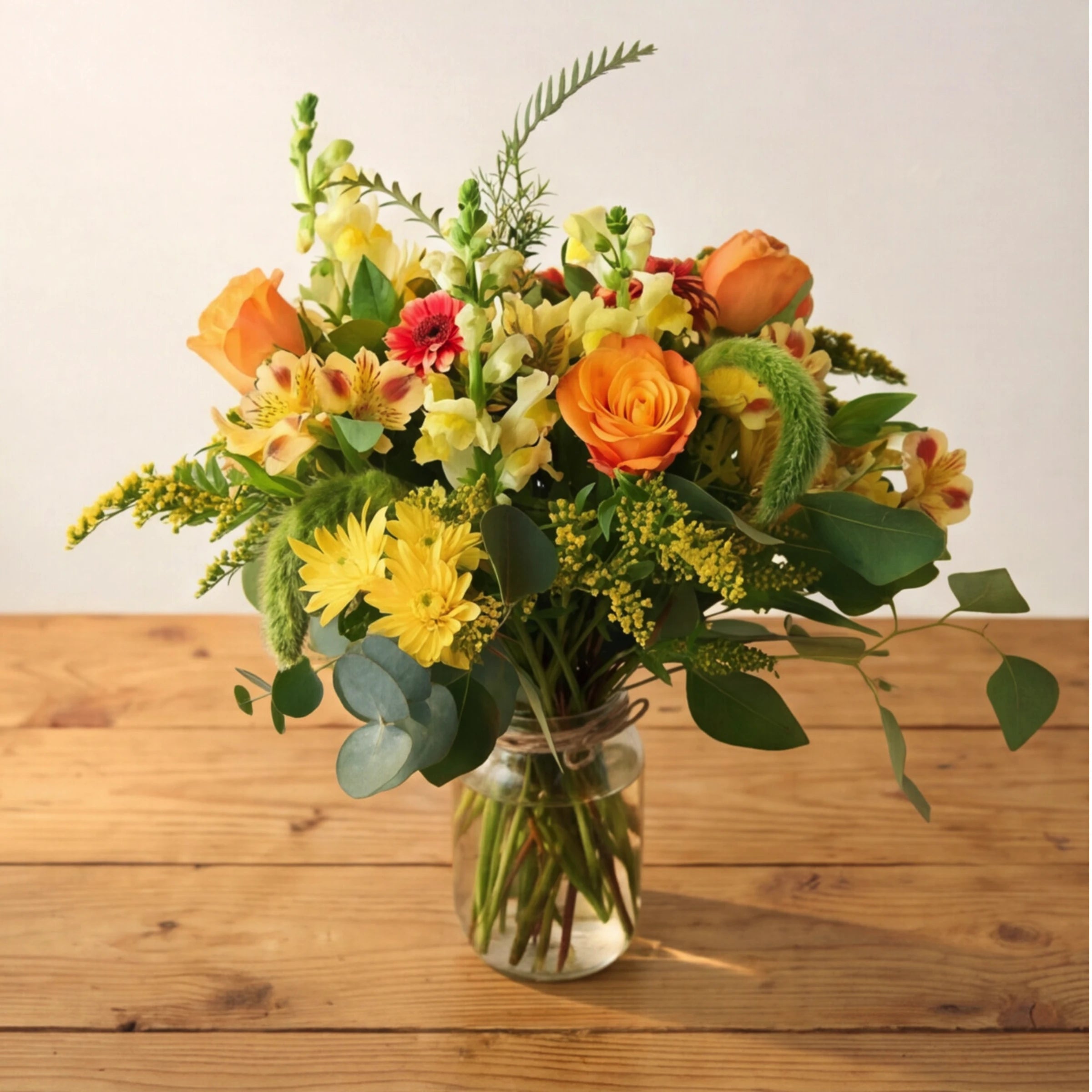 Happiness in a Jar by Fabulous Flowers South Africa styled on a wooden table, cheerful orange flower arrangement with cherry brandy roses, snapdragons, gerbera, alstroemeria and chrysanthemums in a clear glass jar