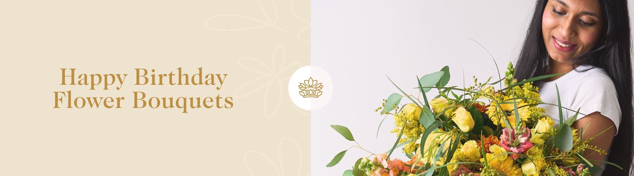 Happy Birthday Flower Bouquets banner with smiling woman holding a lush yellow and pink floral arrangement on neutral background.