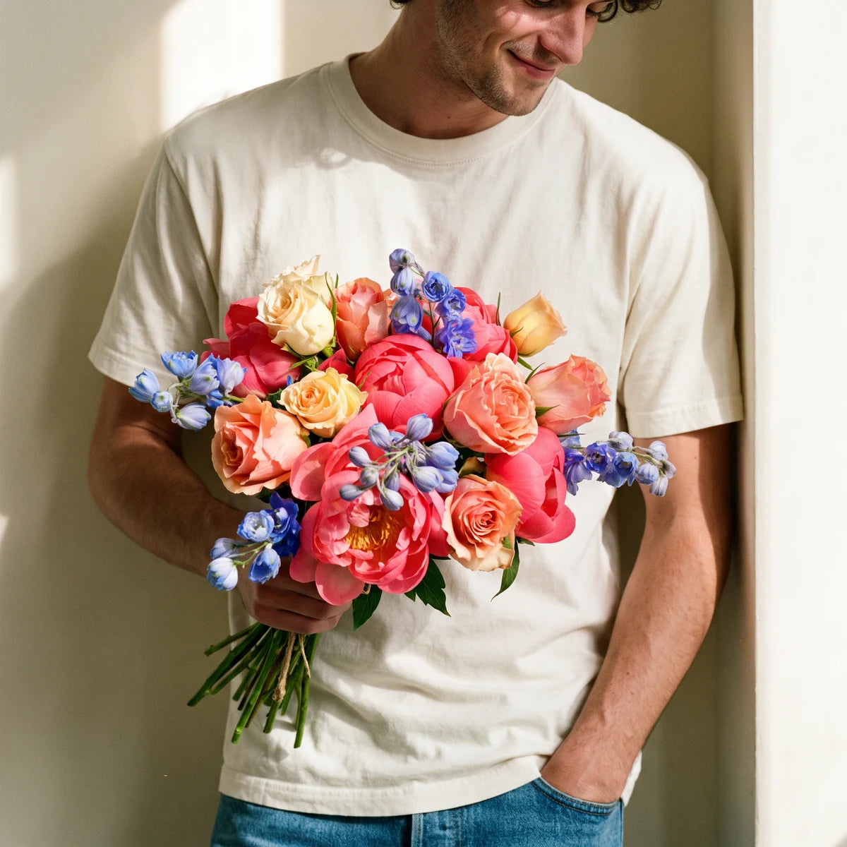 Man in a white T-shirt leaning against a wall holding a bouquet of coral peonies, peach and cream roses and blue delphinium