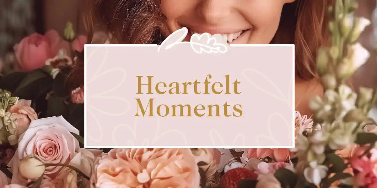 A smiling woman surrounded by a bouquet of various fresh flowers, capturing a joyful moment. Fabulous Flowers and Gifts - Heartfelt Moments