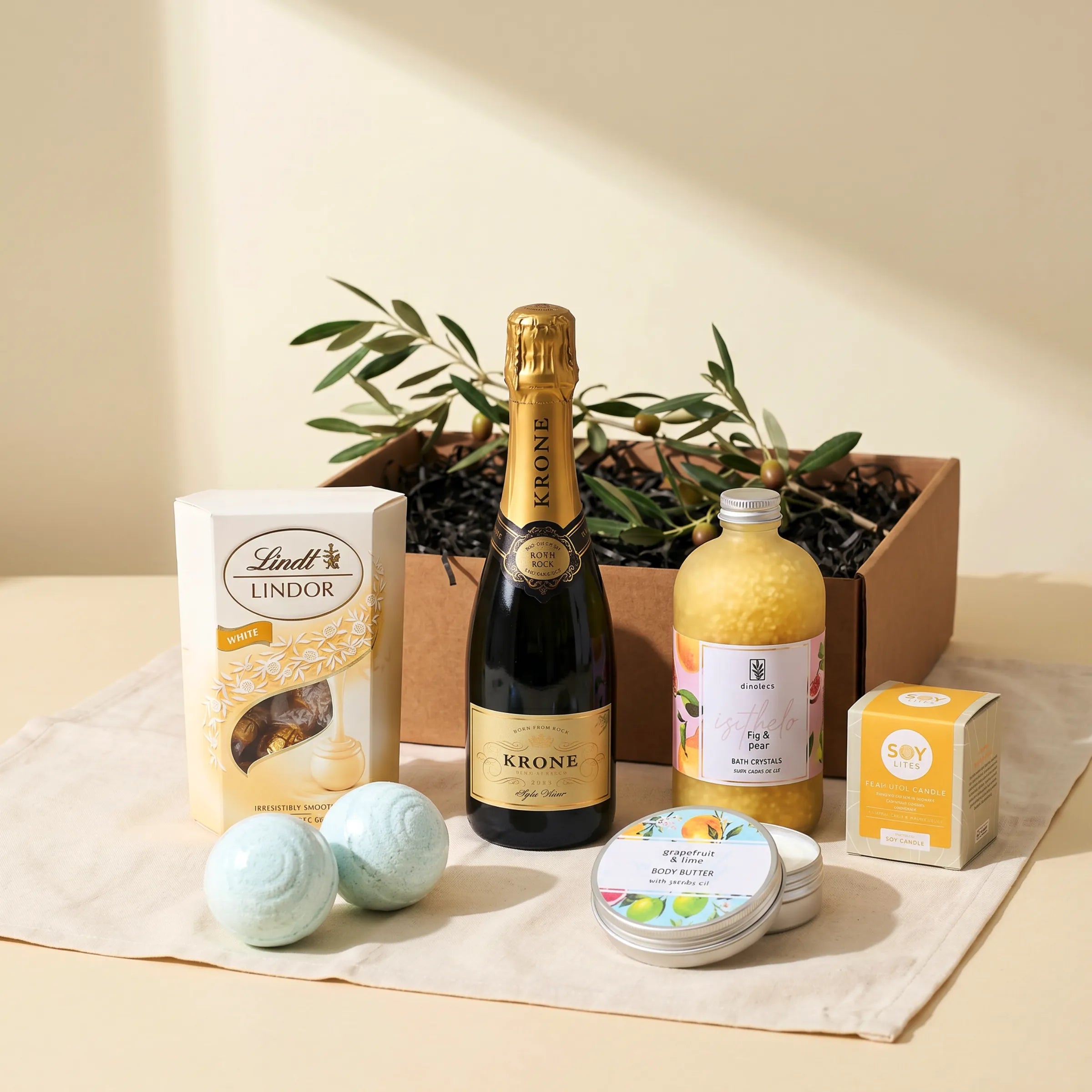 The Heavenly Harmony Hamper from Fabulous Flowers South Africa, a luxury pamper gift of Krone sparkling wine, Lindt Lindor white chocolate truffles, Grapefruit and Lime body butter, Fig and Pear bath crystals, two artisan bath bombs and a Soy Lites soy candle in a keepsake kraft gift box for nationwide delivery