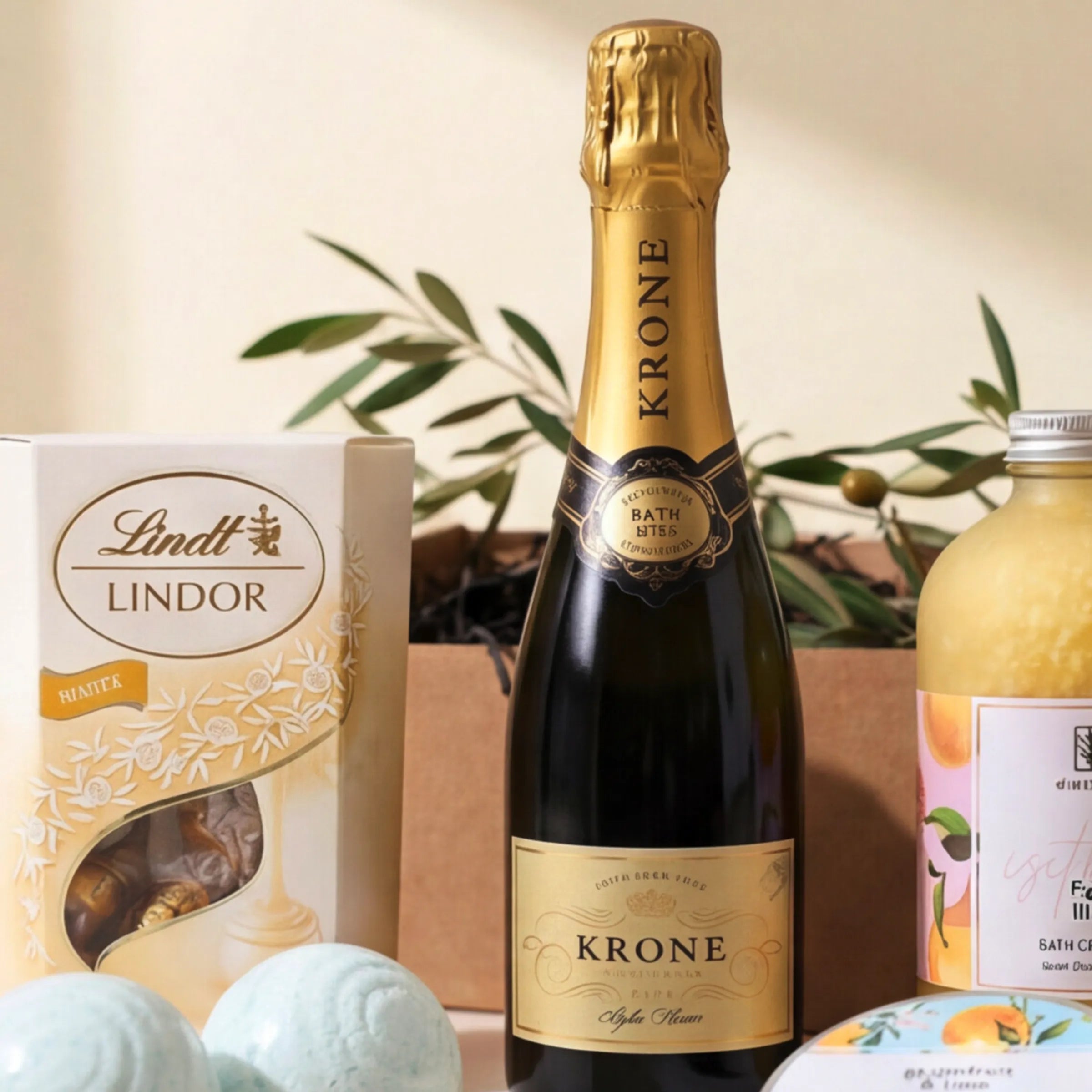 Close-up of The Heavenly Harmony Hamper contents by Fabulous Flowers South Africa, Lindt Lindor White chocolate truffles, Krone Cap Classique sparkling wine, Fig and Pear bath crystals and artisan bath bombs, a luxury wine, chocolate and spa pamper hamper for her