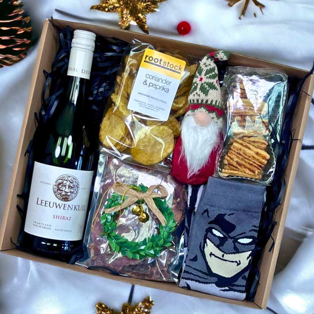 Luxurious Leeuwenkuil Shiraz Wine with Batman socks, crisps, biltong and crackers - Fabulous Gifts