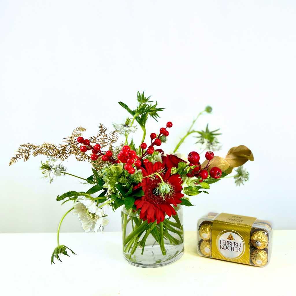 Holly Jolly Christmas arrangement with Ferrero Rocher vase - Fabulous Flowers