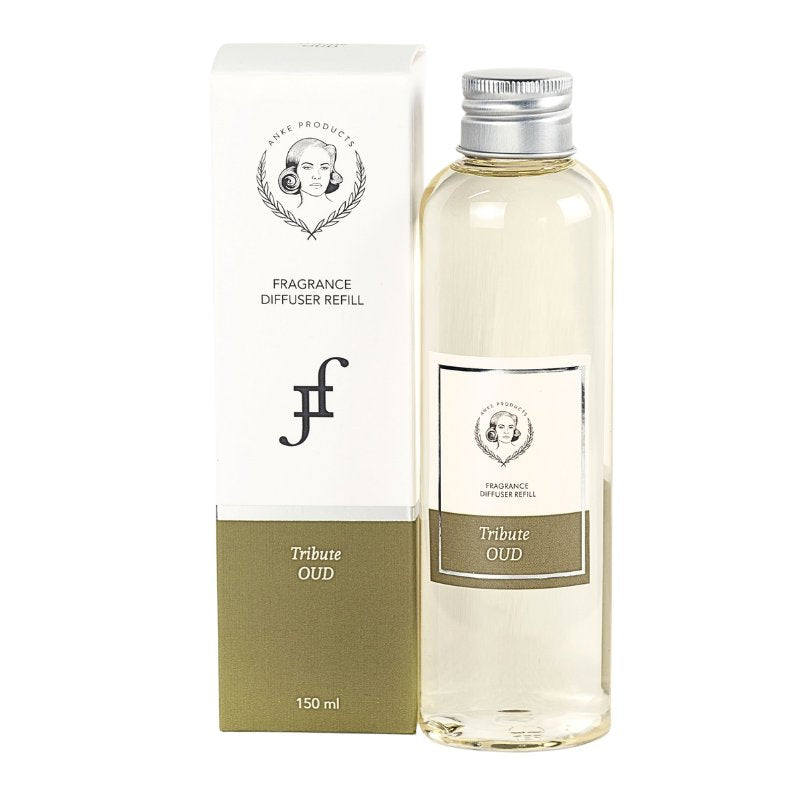 Tribute Oud fragrance diffuser refill bottle and packaging on a white background