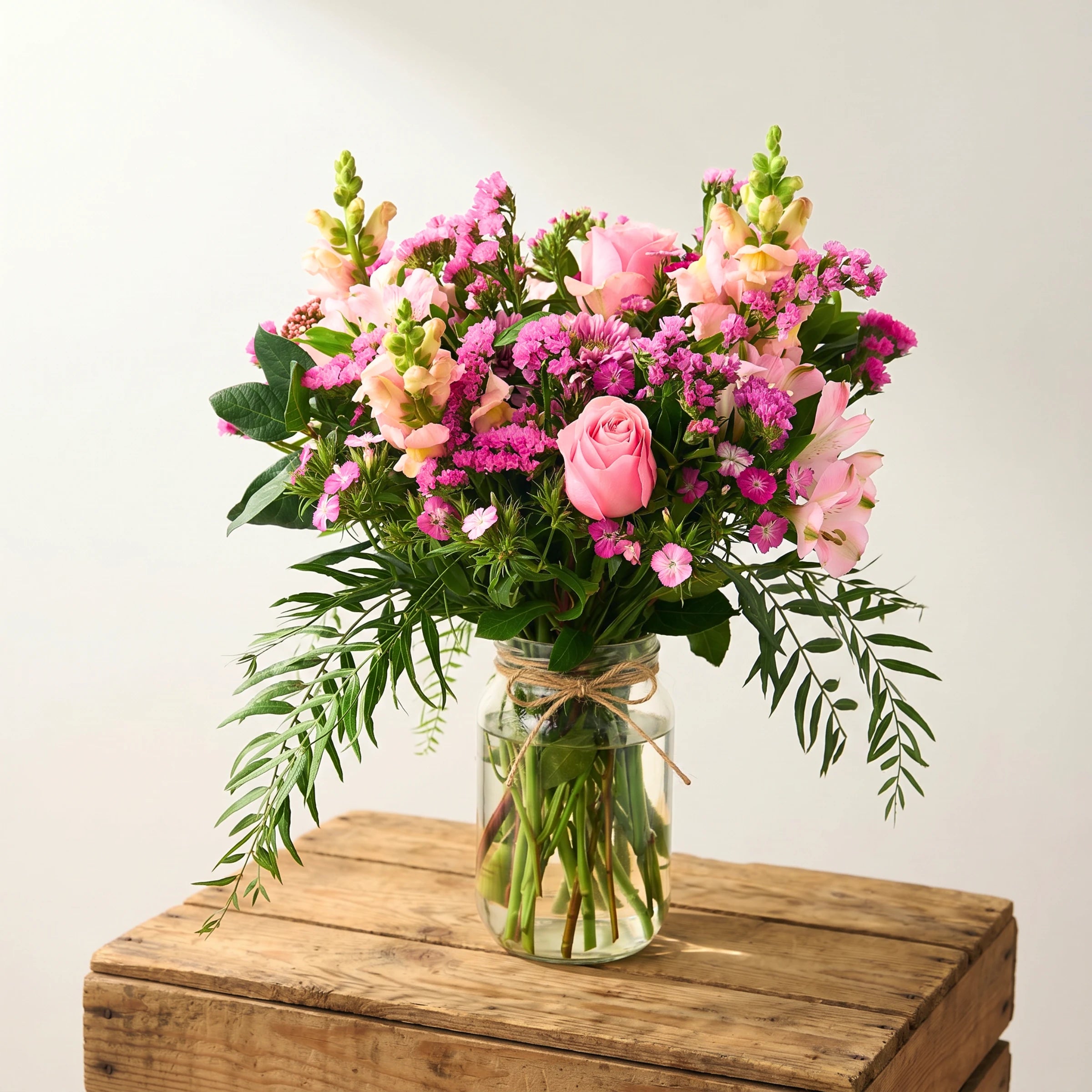 Joy in a Jar pink flower arrangement on a rustic wooden crate, pink roses, hot pink statice, pink and peach snapdragons, pink dianthus and pink alstroemeria with palm leaf greenery in a glass mason jar tied with twine from Fabulous Flowers Cape Town