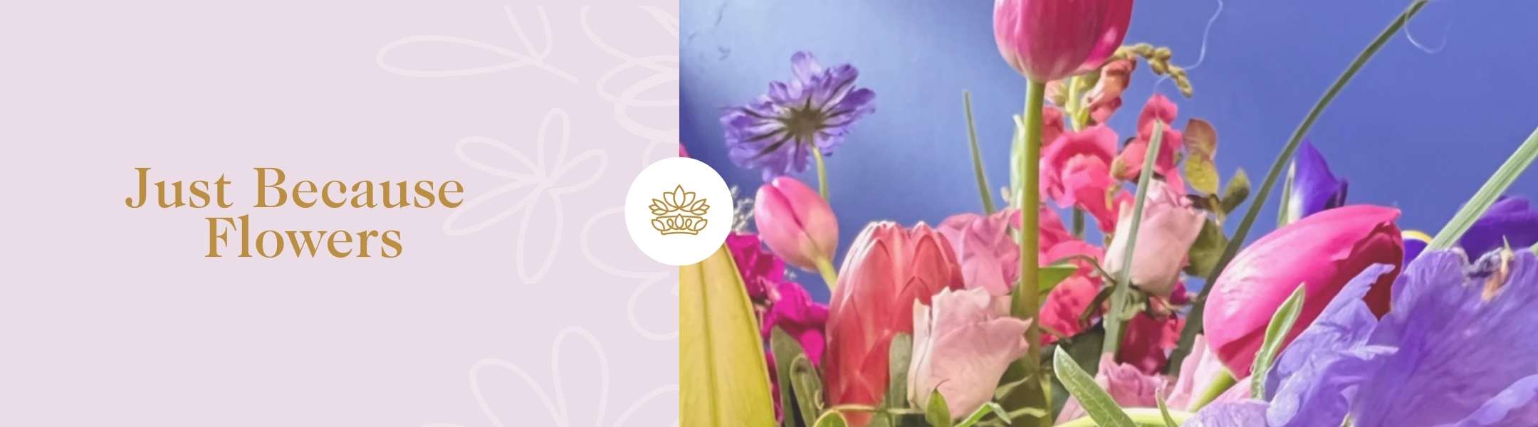 Bright and colourful bouquet with mixed blooms against a blue background, promoting the 'Just Because Flowers' collection by Fabulous Flowers and Gifts.