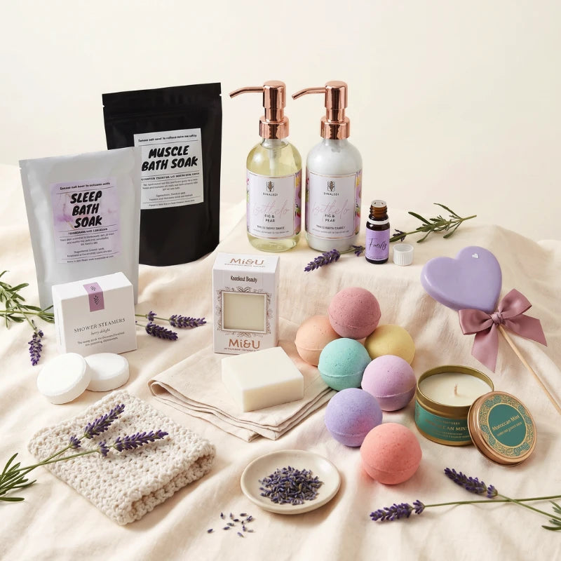 Lady of Leisure pamper hamper styled with Muscle and Sleep Bath Soaks, Dinaledi Fig and Pear Hand and Body Wash and Lotion, Family essential oil, Shower Steamers, Mi&U Knockout Beauty soap, pastel bath bombs, a soy candle and crocheted washcloth, Fabulous Flowers and Gifts