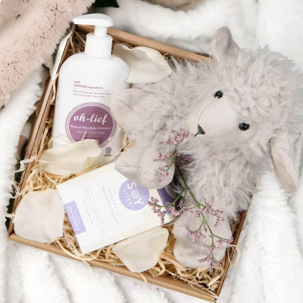 Plush fluffy sheep toy inside the baby box with Oh Lief Natural Olive Baby Shampoo bottle - Fabulous Flowers