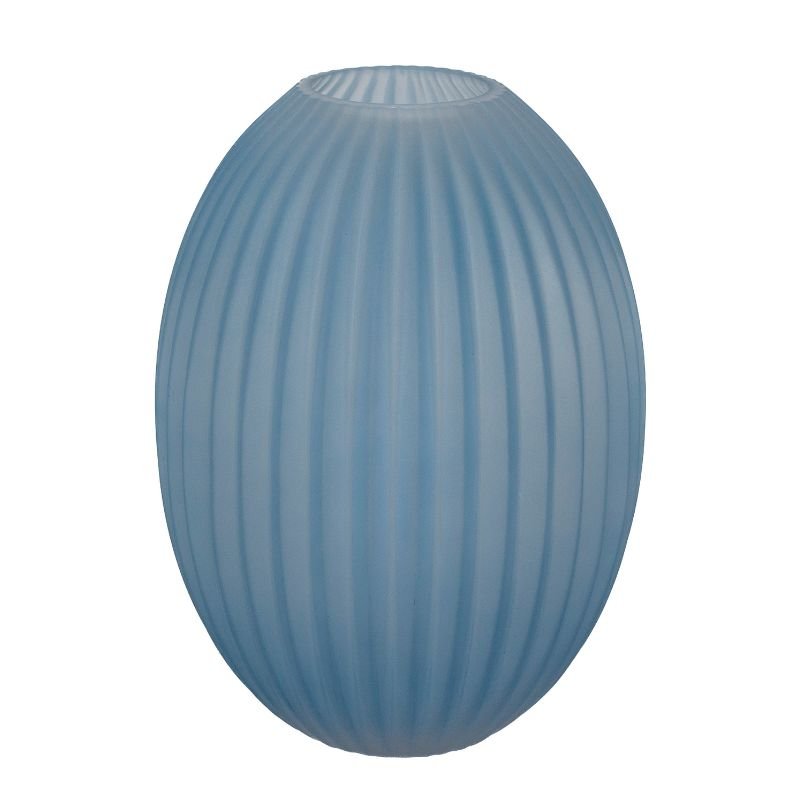 Large Sky Blue Optic Vase - Fabulous Flowers and Gifts: tall ribbed frosted glass with elongated oval shape and narrow top opening.
