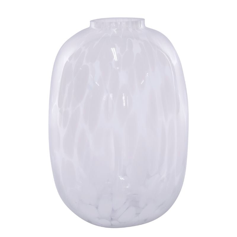 Large White Splash Vase - Fabulous Flowers and Gifts: tall glass vase with soft white splash pattern and rounded oval shape.