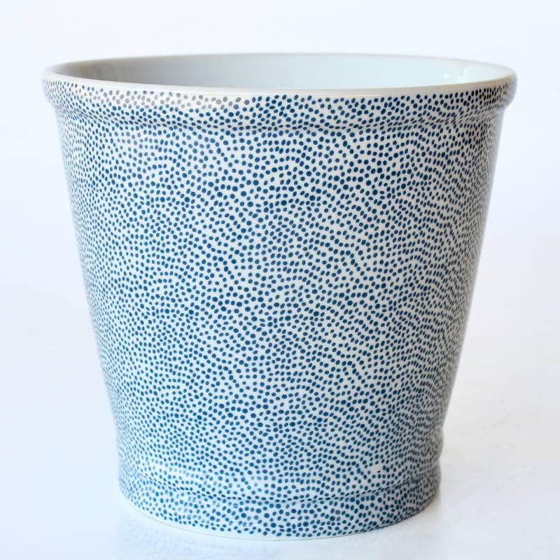 Large Round Blue Dot Planter - Fabulous Flowers & Gifts ceramic planter with navy dot pattern, modern indoor pot.