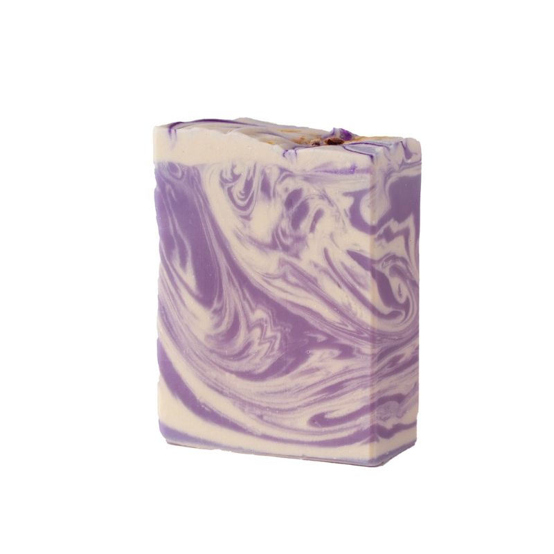 Side view of Mi&U Lavender and Mandarin Blossom handmade soap with vivid purple and ivory swirls