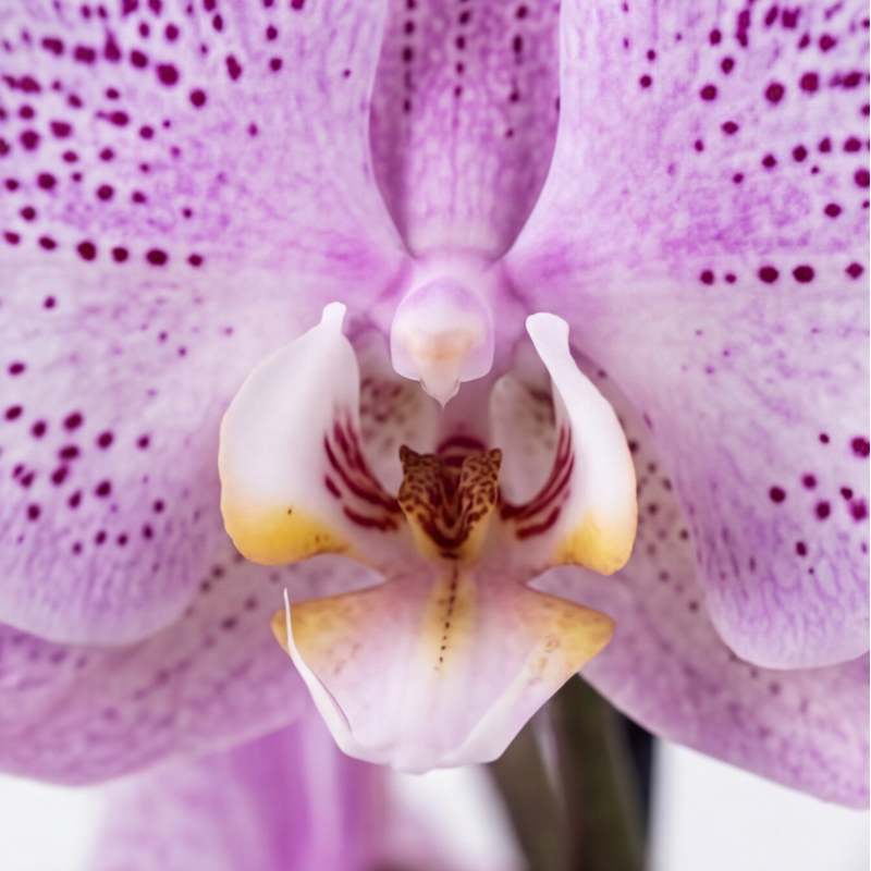 Macro close-up of lilac Phalaenopsis orchid bloom showing dark purple freckles on lavender petals with golden-yellow lip detail, limited edition Amsterdam import
