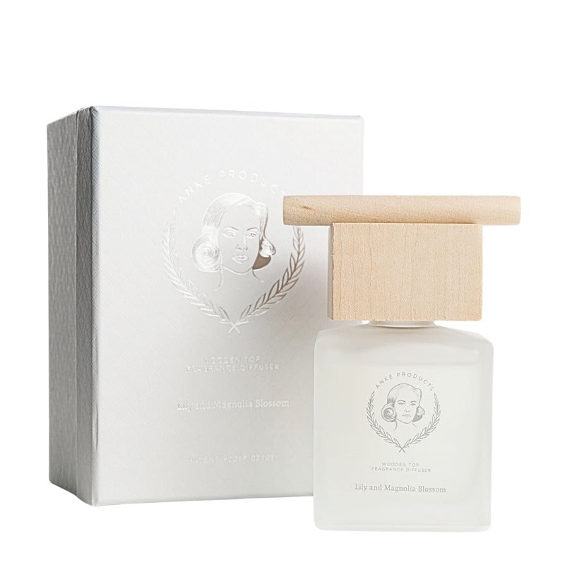 White perfume bottle with wooden cap and matching box on a white background
