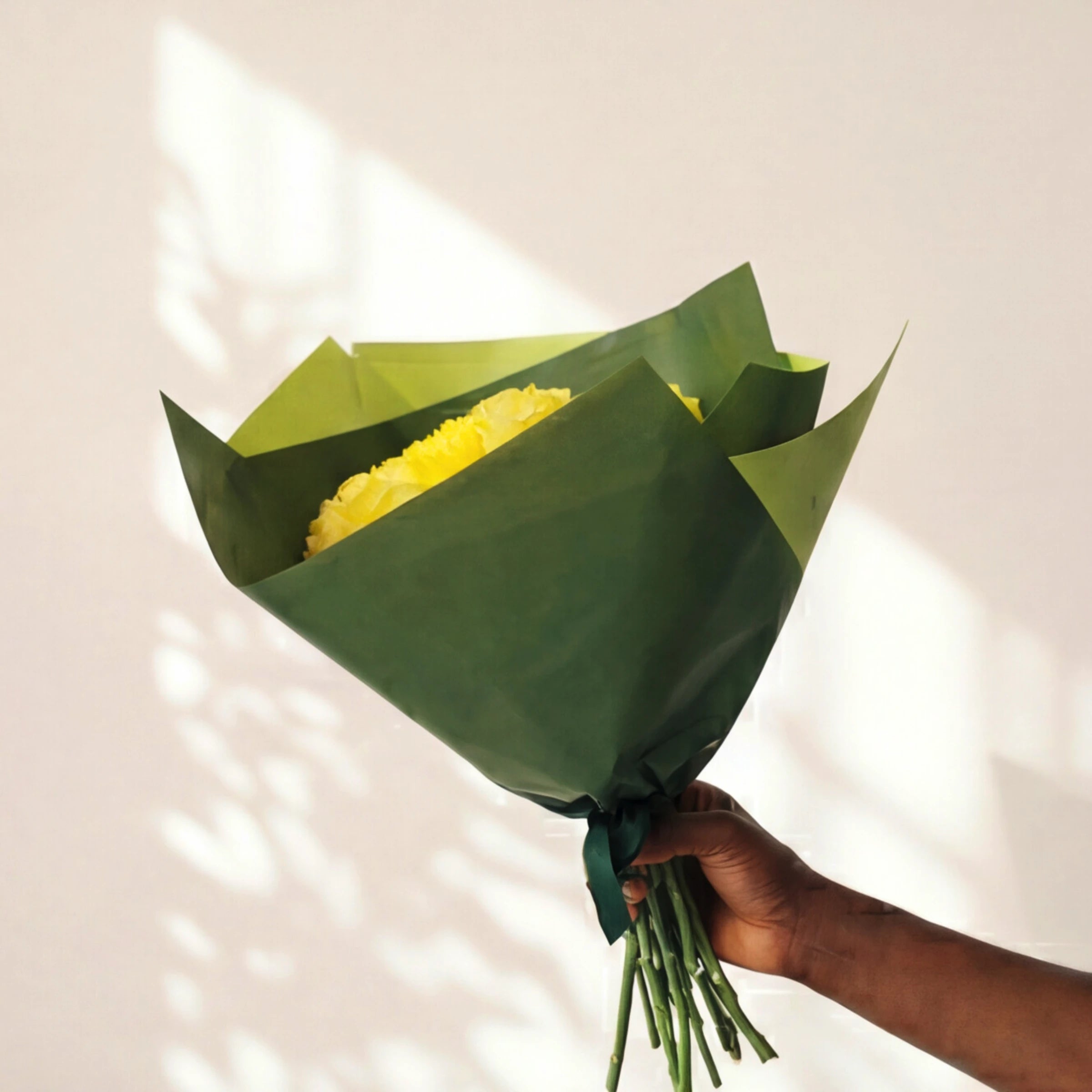 Limoncello yellow roses bouquet wrapped in green paper with a dark green ribbon, held against a cream wall