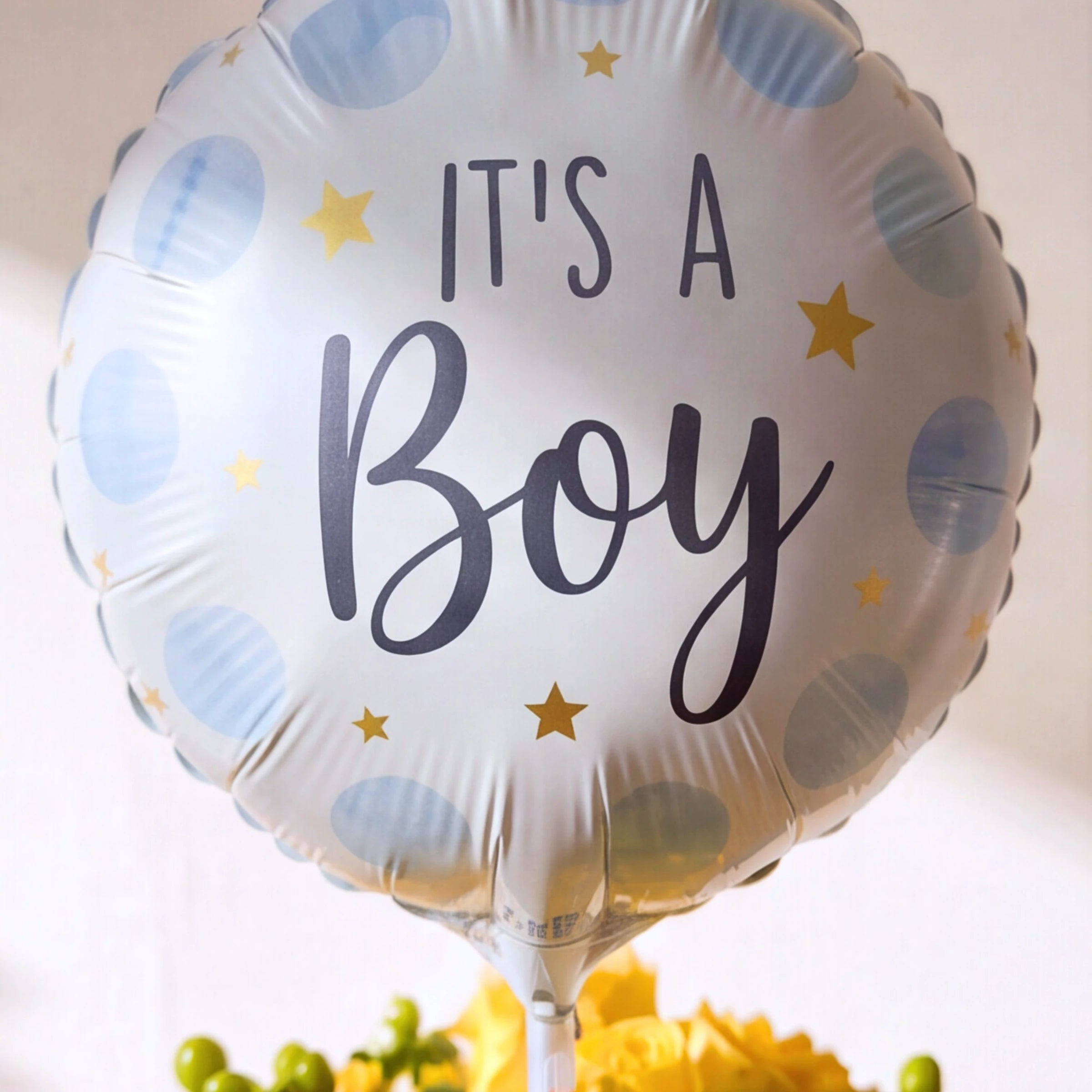Yellow rose and chrysanthemum new baby boy arrangement in a wooden box with an It's a Boy balloon by Fabulous Flowers