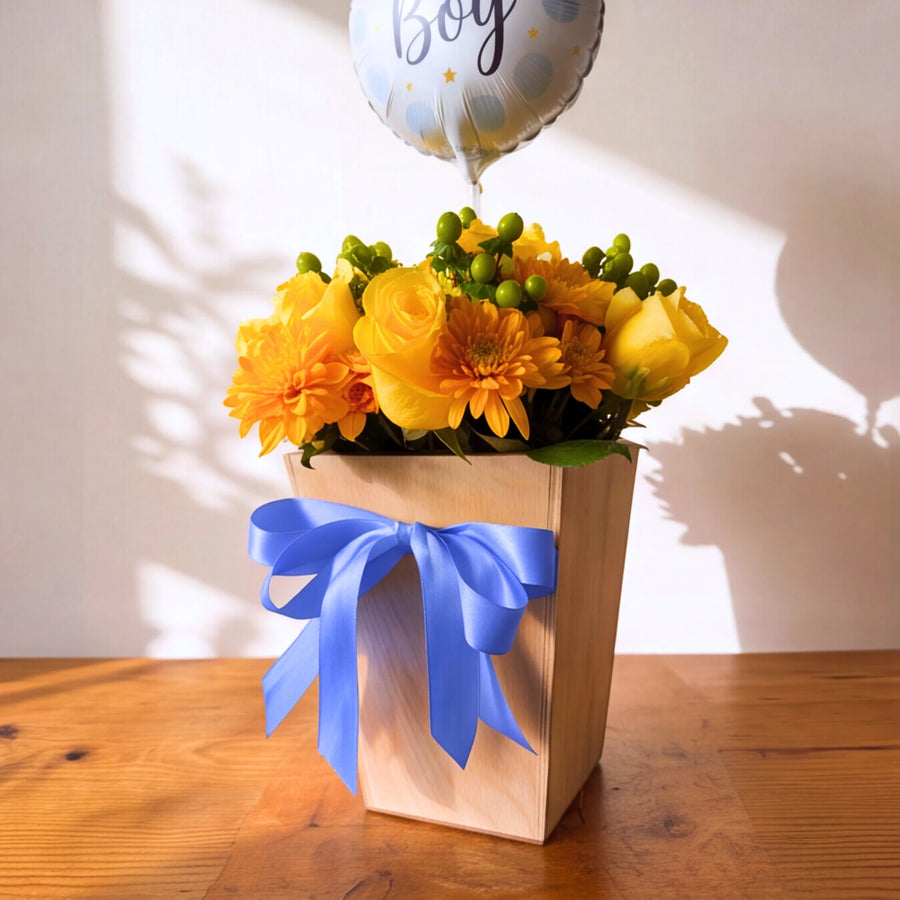 Little Prince new baby boy gift, yellow roses in a wooden box with blue bow and It's a Boy balloon, Cape Town