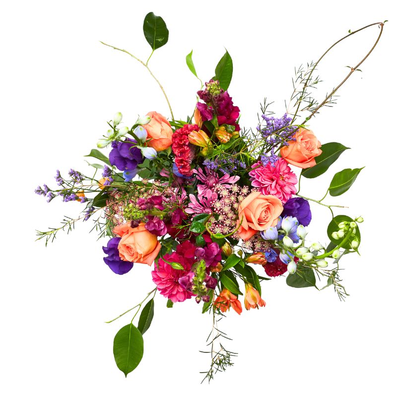 Colorful Jar flower arrangement with various flowers on a white background