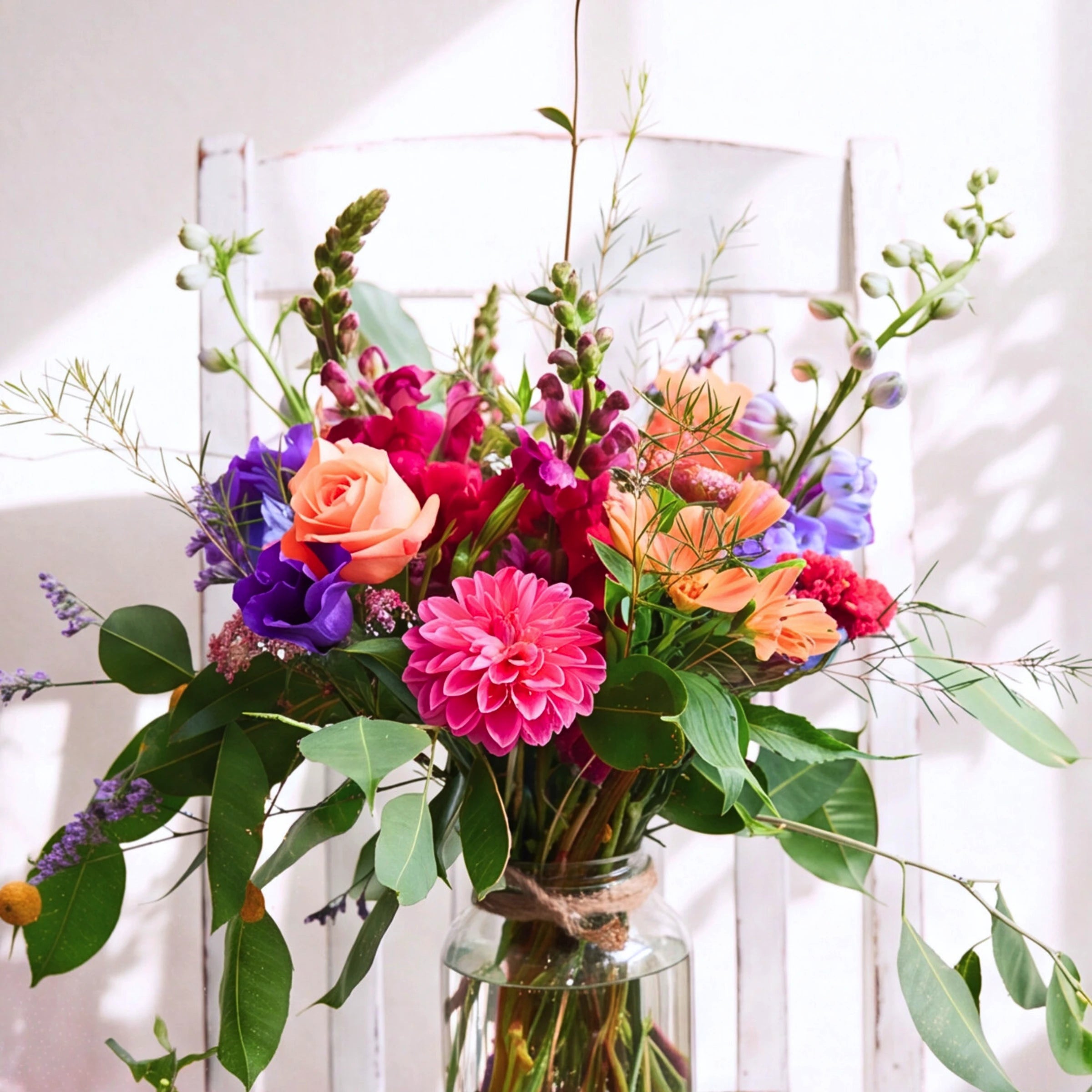 A vibrant, multicolored floral arrangement featuring pink, orange, purple, and red flowers with green foliage, presented in a clear glass jar tied with a burlap ribbon, set against a white rustic wooden chair.