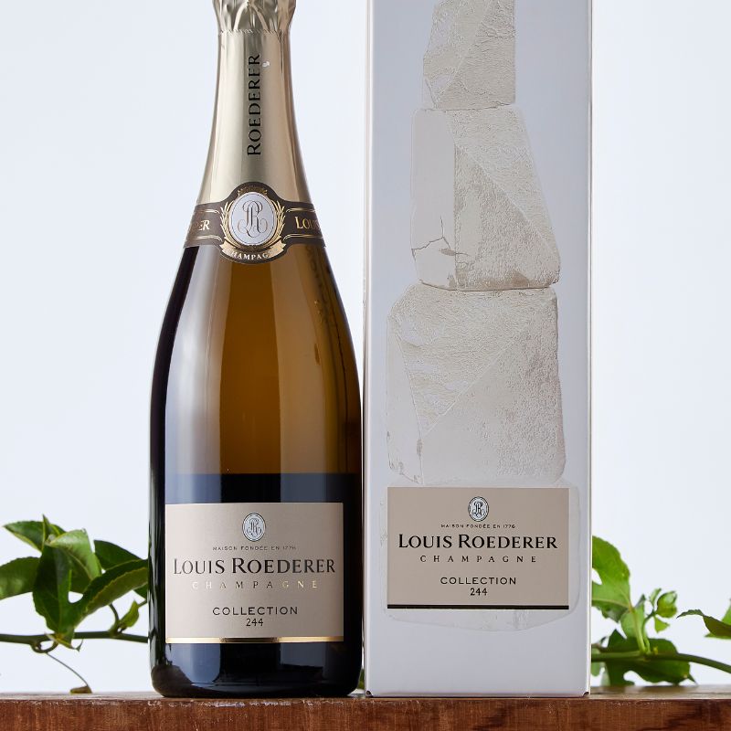 Bottle of Louis Roederer Champagne  placed on a wooden shelf with green foliage in the background.