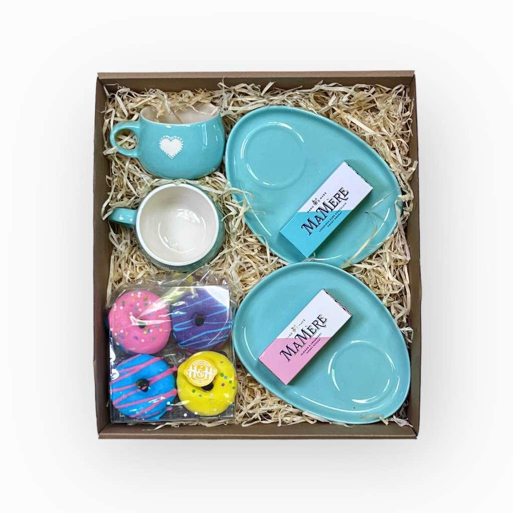 Vibrant Doughnut Shaped Biscuits Gift Hamper with MaMere and tea and saucer set - Fabulous Flowers