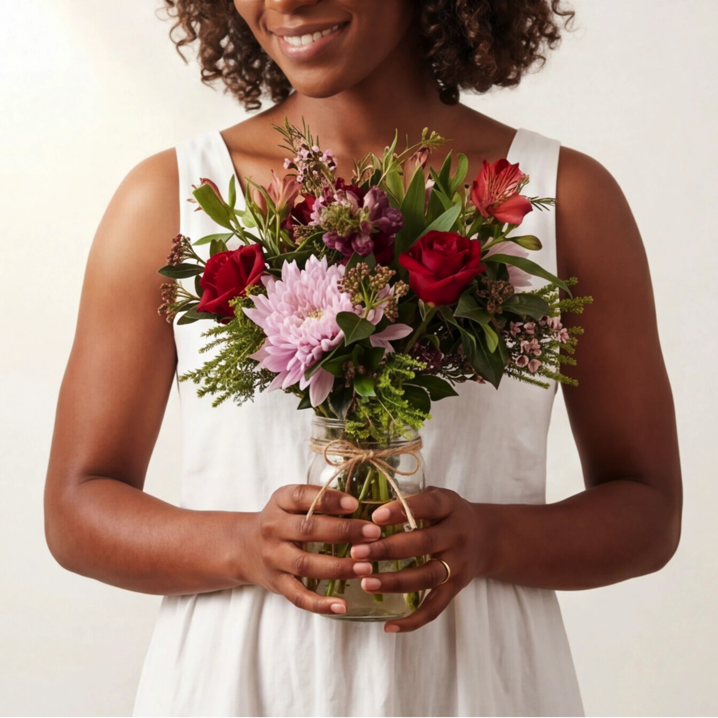 Black woman with short curly hair in a white linen sleeveless dress holding Love in a Jar romantic arrangement with red roses, pink chrysanthemum, burgundy snapdragons, red and pink alstroemeria and pink wax flower in a glass mason jar tied with twine, from Fabulous Flowers Cape Town