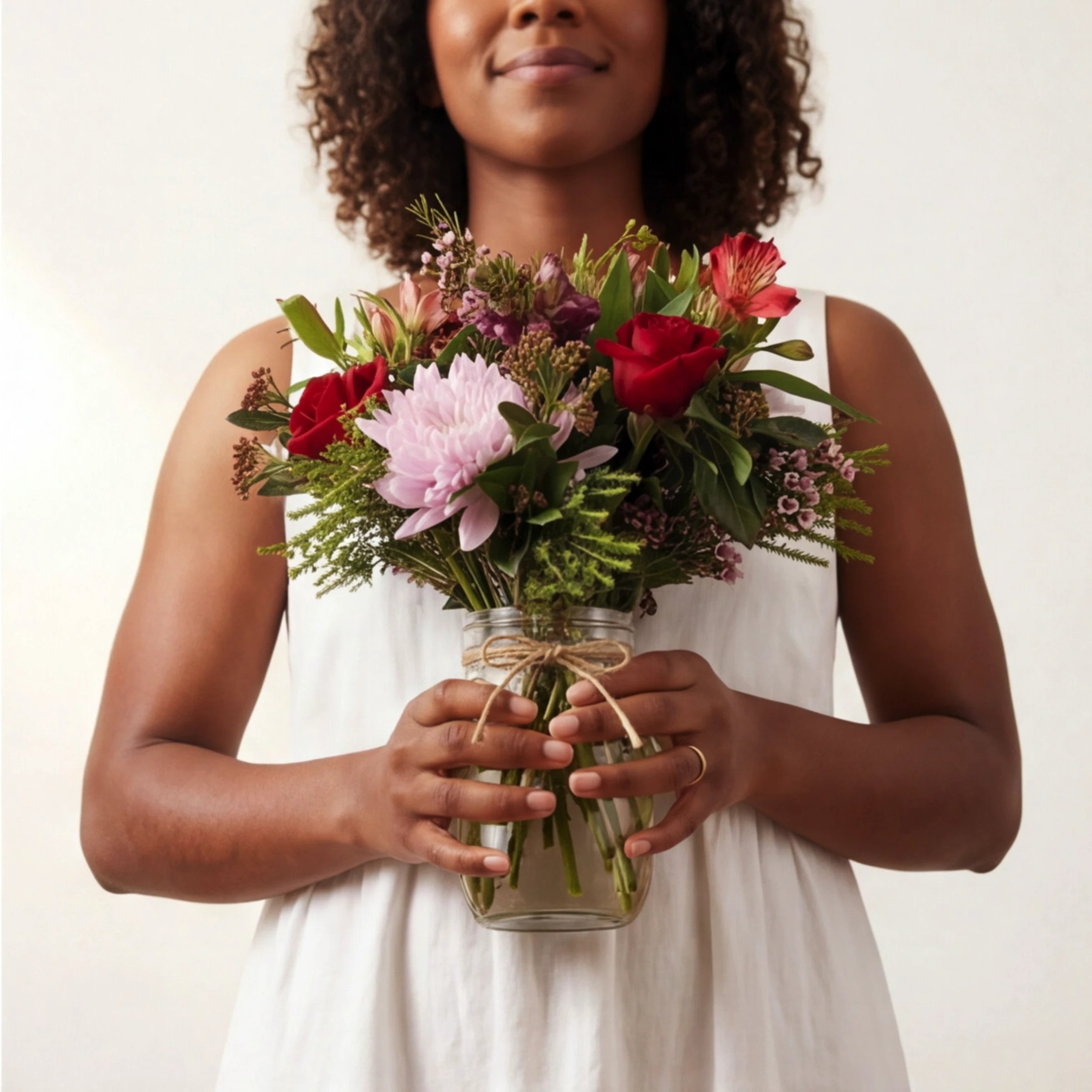 Black woman in white linen dress smiling and holding Love in a Jar romantic flower arrangement, red roses, pink chrysanthemum, burgundy snapdragons and pink wax flower in a twine-wrapped glass mason jar from Fabulous Flowers