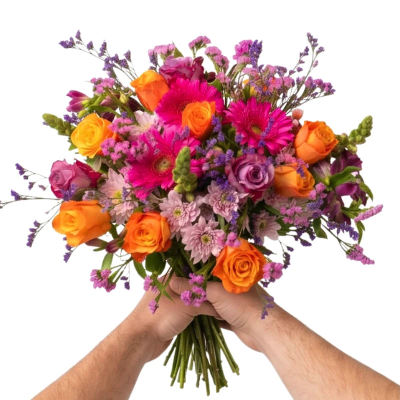 Bouquet of colorful flowers held by hands on a white background