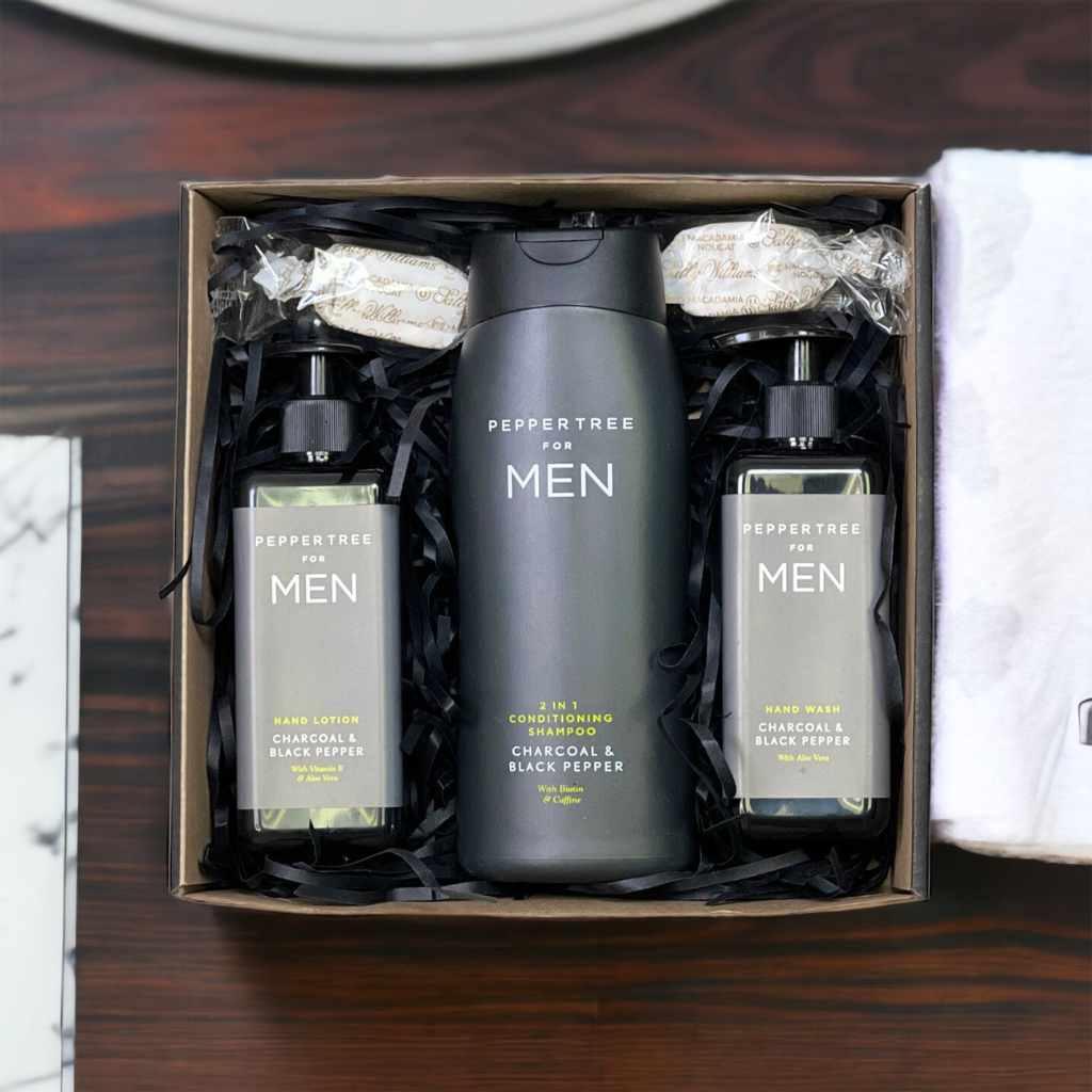 Charcoal & Black Pepper Men's Grooming Essentials with Sally Williams nougat - Fabulous Flowers and Gifts
