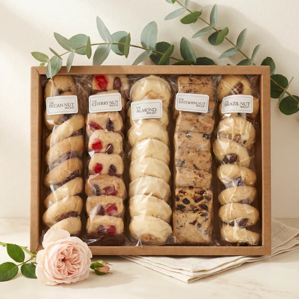 Luxury Biscuits Large gift box overhead with pecan nut, cherry nut, almond, date and walnut, and brazil nut biscuits, Fabulous Flowers and Gifts