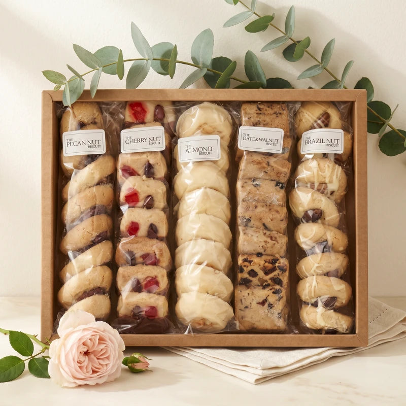 Luxury Biscuits Large gift box overhead with pecan nut, cherry nut, almond, date and walnut, and brazil nut biscuits, Fabulous Flowers and Gifts