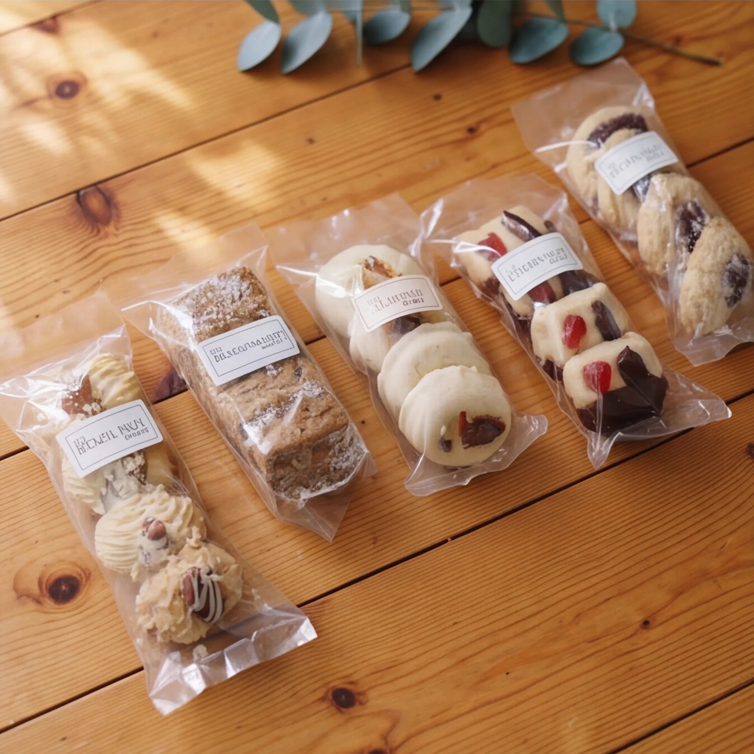 Five branded biscuit sleeves from Luxury Biscuits Small set on pine wood by Fabulous Flowers and Gifts