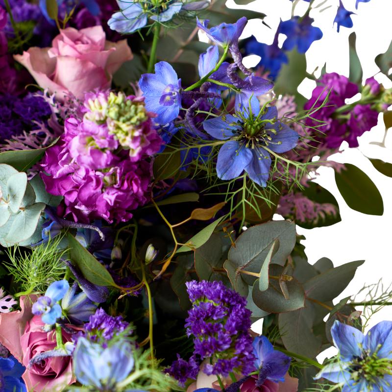 Colorful bouquet of flowers including purple, blue, and pink flowers with green leaves on a white background.