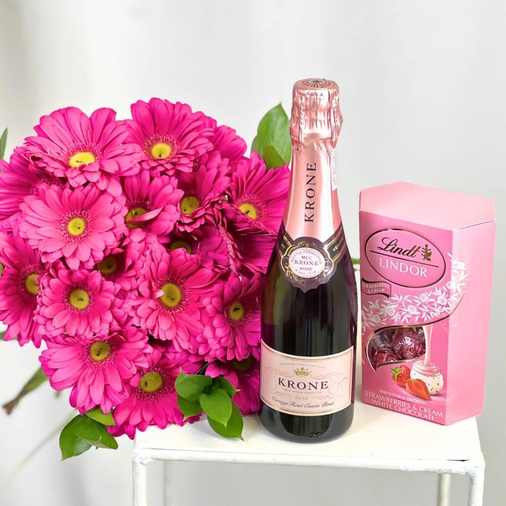 Pink Gerbera Daisies with Lindt Chocolates and Krone Rosé Cuvée Brut - Fabulous Flowers