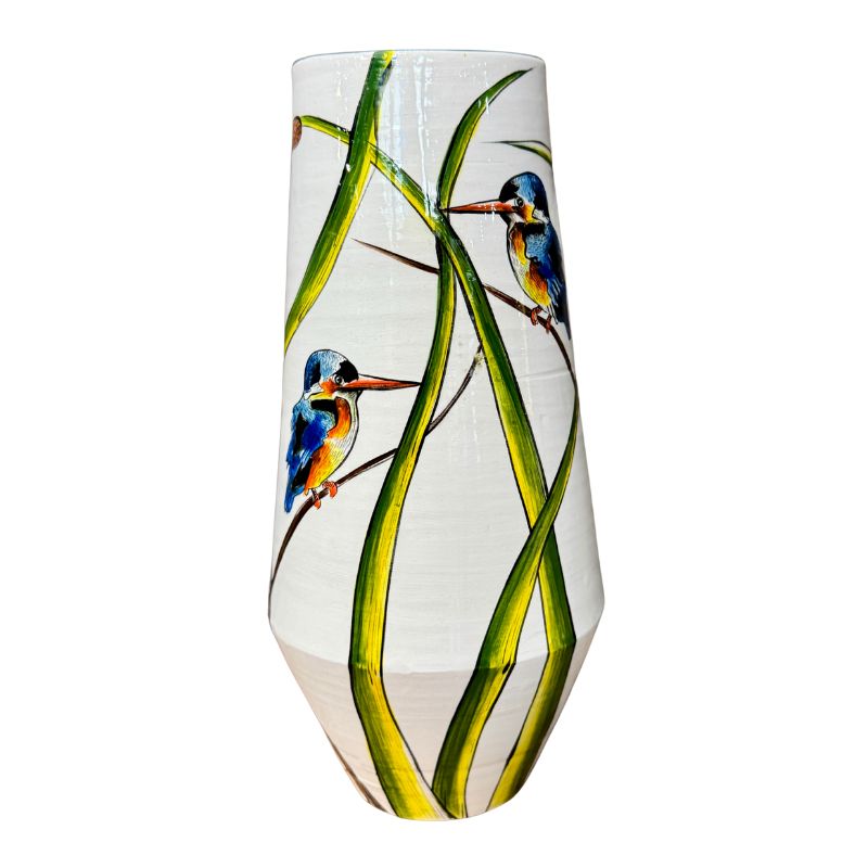 Decorative vase with kingfisher birds and reeds design on a white background
