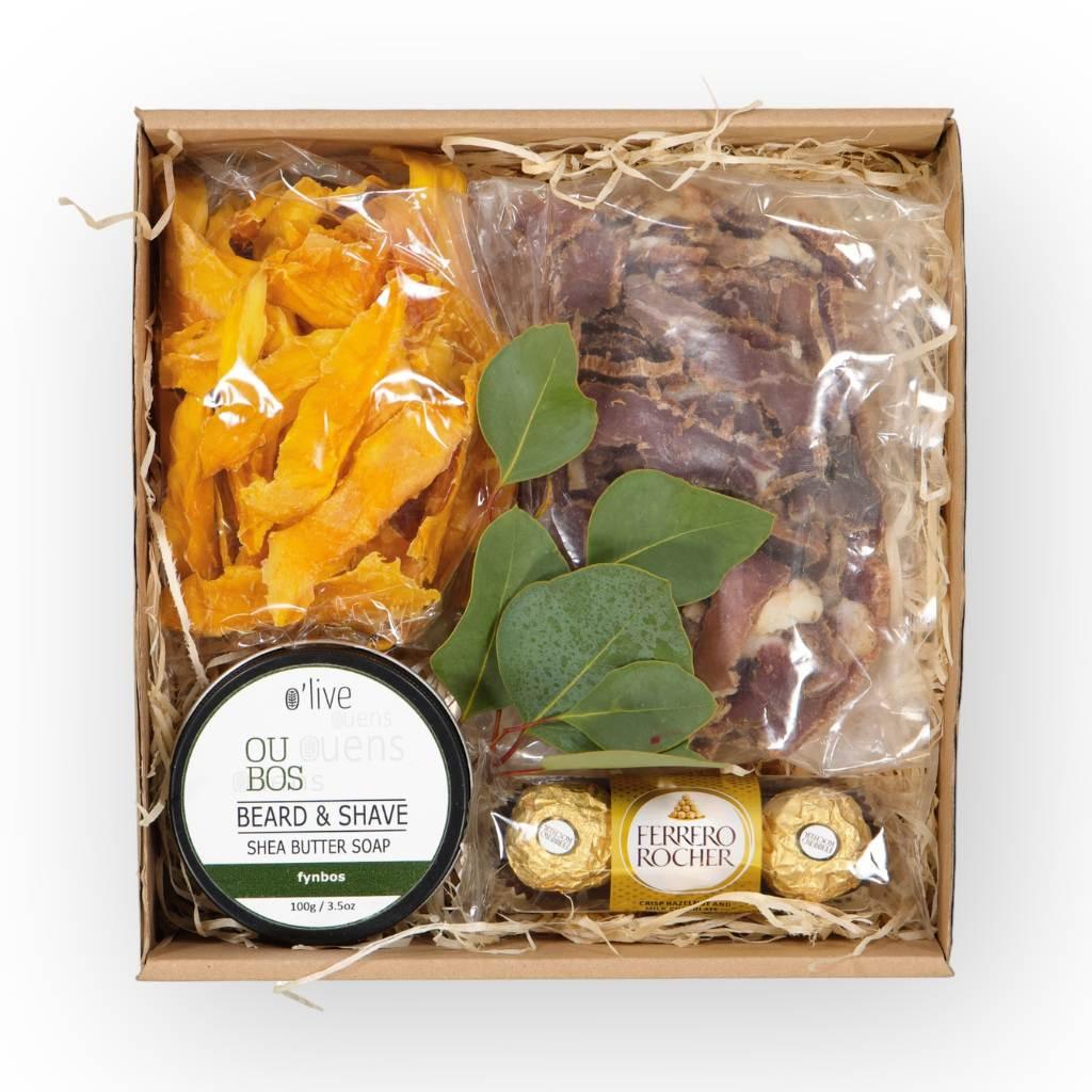 O'live beard and shave shea butter in stylish packaging with chocolates, biltong and mango - Fabulous Flowers