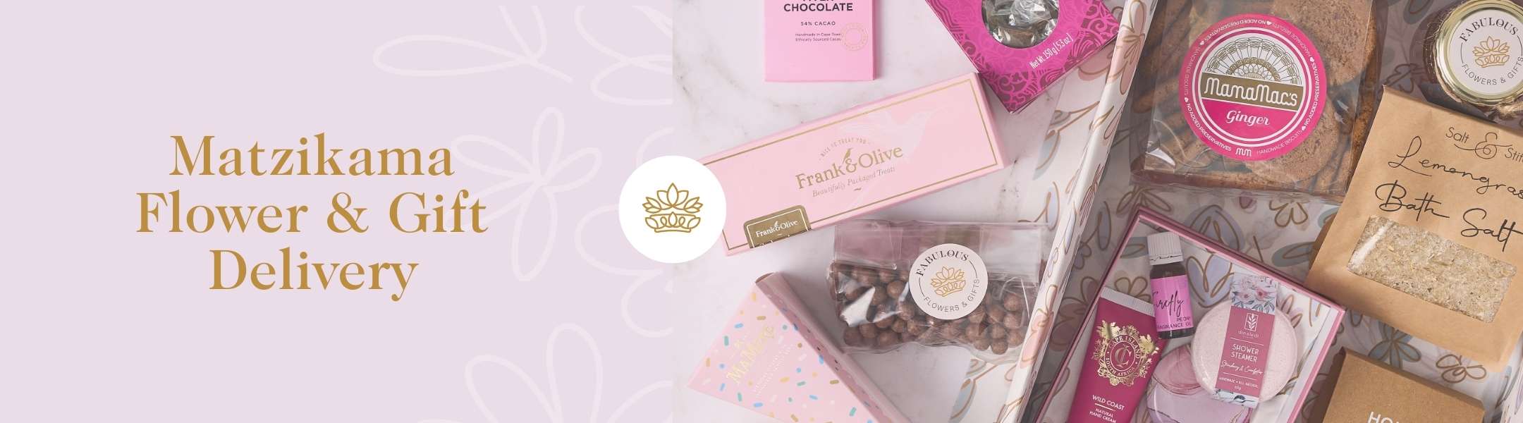 A selection of beautifully packaged gifts including chocolates, cookies, bath salts, and other treats. Text reads 'Matzikama Flower & Gift Delivery' with a floral crown logo.