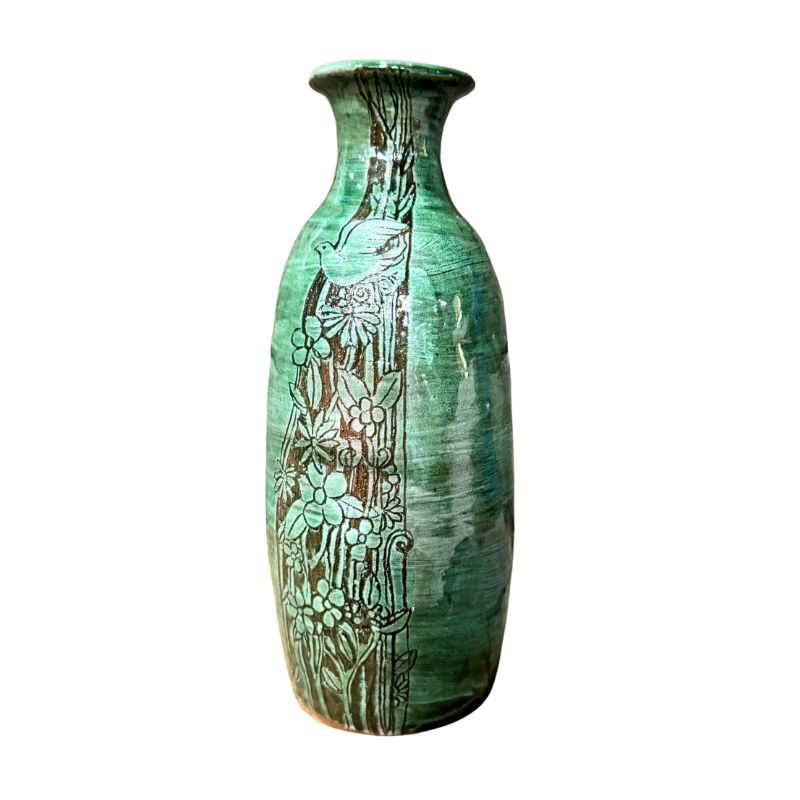 Meadowlark Vase - green glazed ceramic with etched songbird and wildflower panel, narrow neck, handcrafted decor
