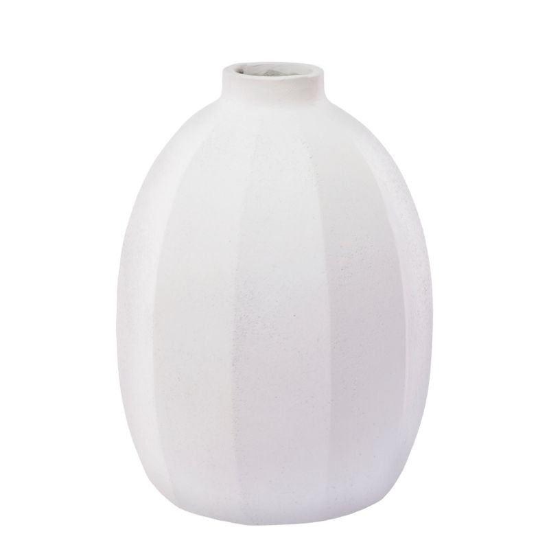 Medium White Linear Vase - Fabulous Flowers and Gifts: rounded matte ceramic vase with subtle vertical linear texture.