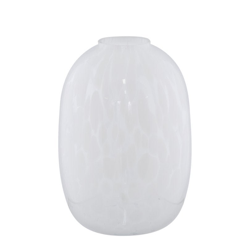 Medium White Splash Vase - Fabulous Flowers and Gifts: rounded glass vase with glossy finish and subtle white splash pattern.