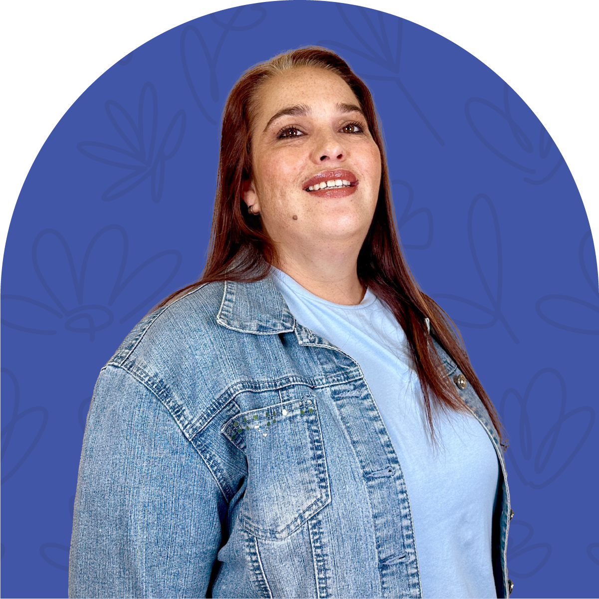 Portrait of Melissa, a team member at Fabulous Flowers for 9 months, wearing a denim jacket and light blue shirt against a purple background. MEET THE TEAM at Fabulous Flowers and Gifts