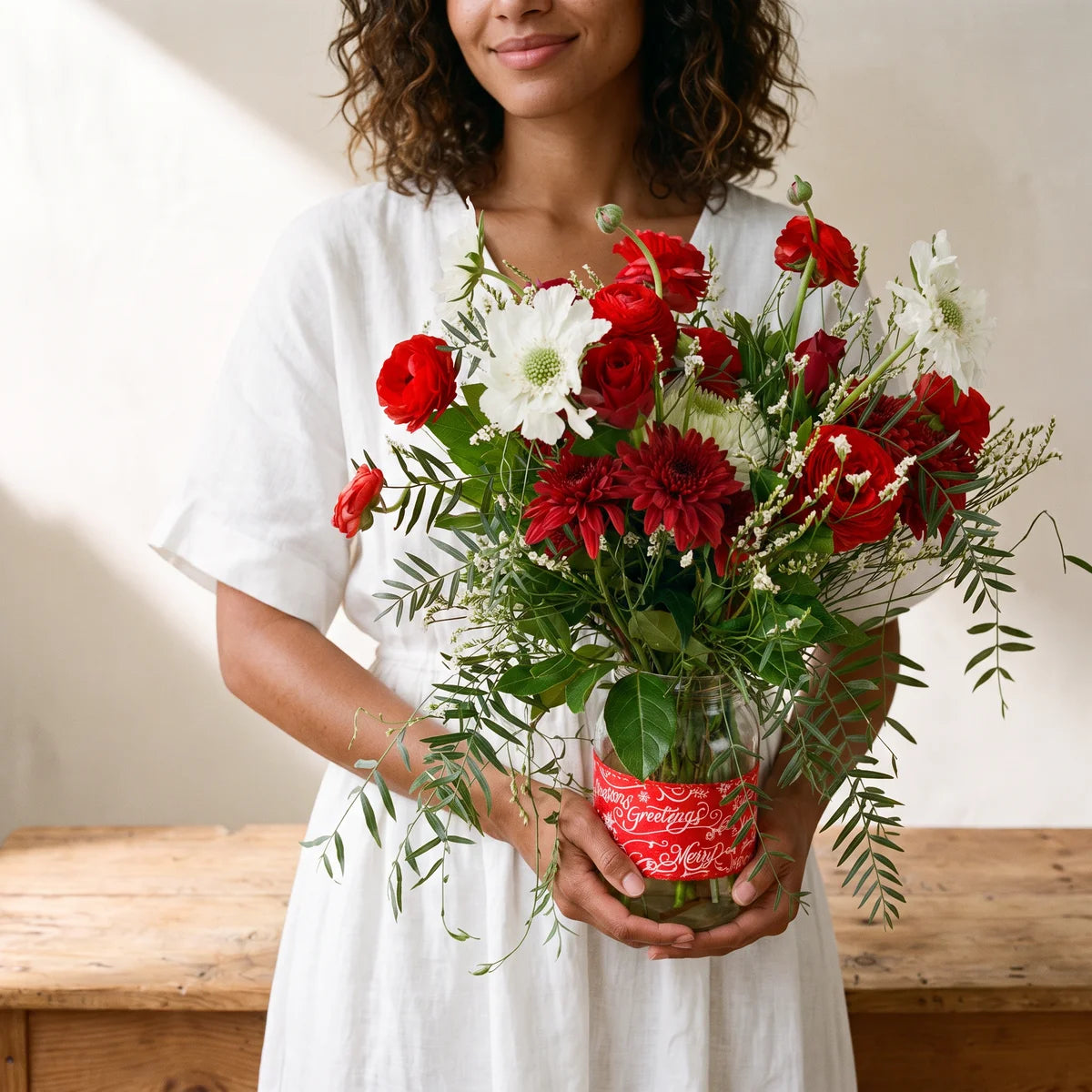 Woman in a white linen dress holding a jar of red and white Christmas flowers at her waist, Fabulous Flowers South Africa