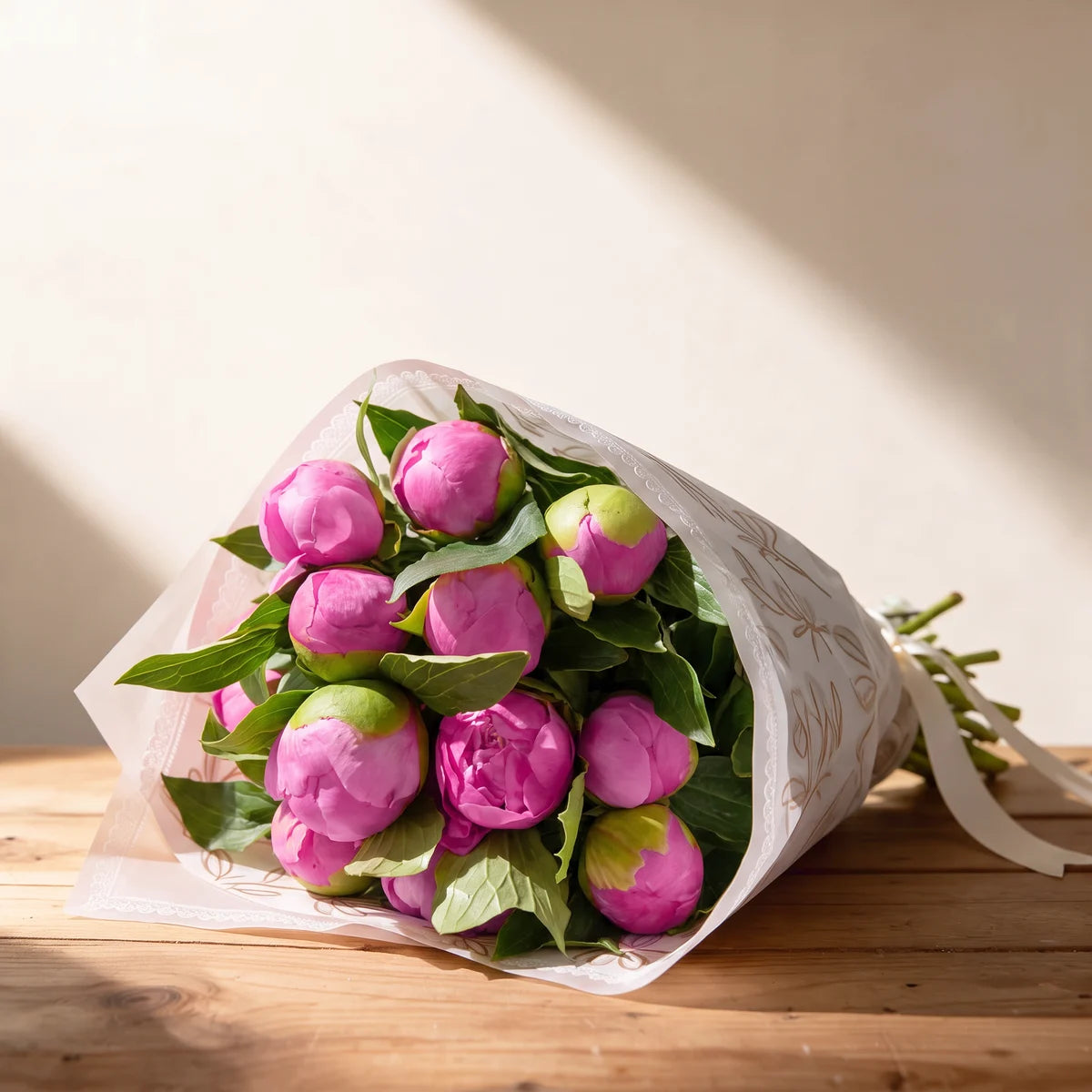 Twenty Monsieur Jules Elie peonies in rose pink bud with lime green tips, wrapped in white and gold leaf print paper on a pine table in afternoon sunlight, Fabulous Flowers South Africa