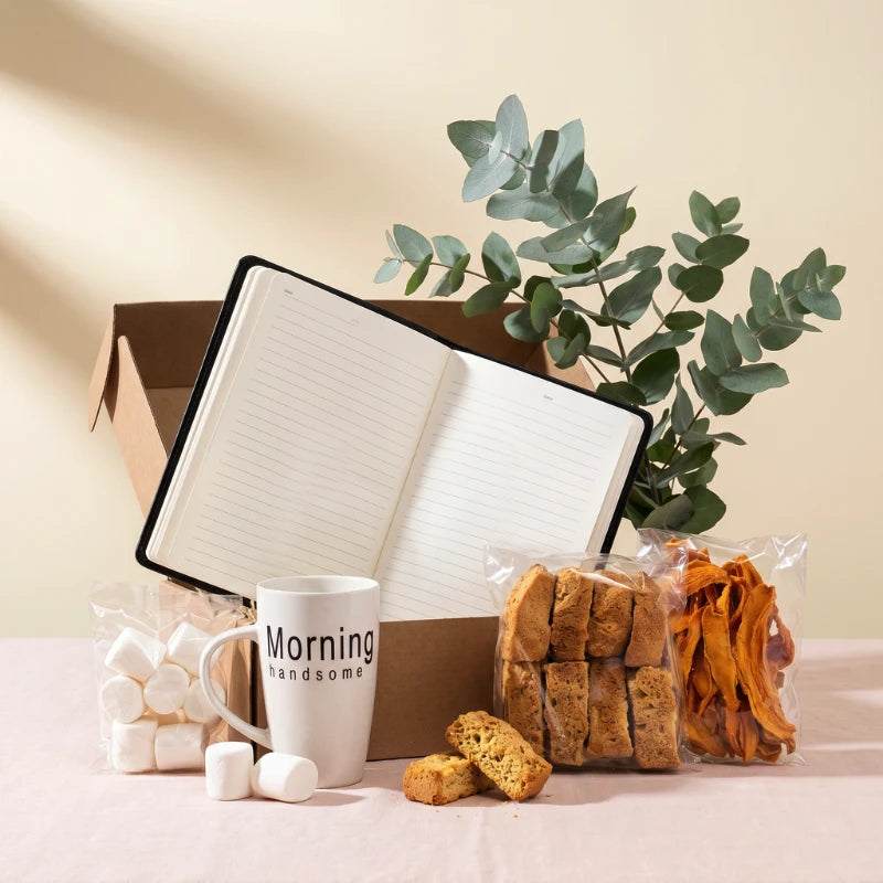 Morning Handsome gift box for him with mug, marshmallows, biscotti, dried mango and an open lined notebook, Fabulous Flowers and Gifts