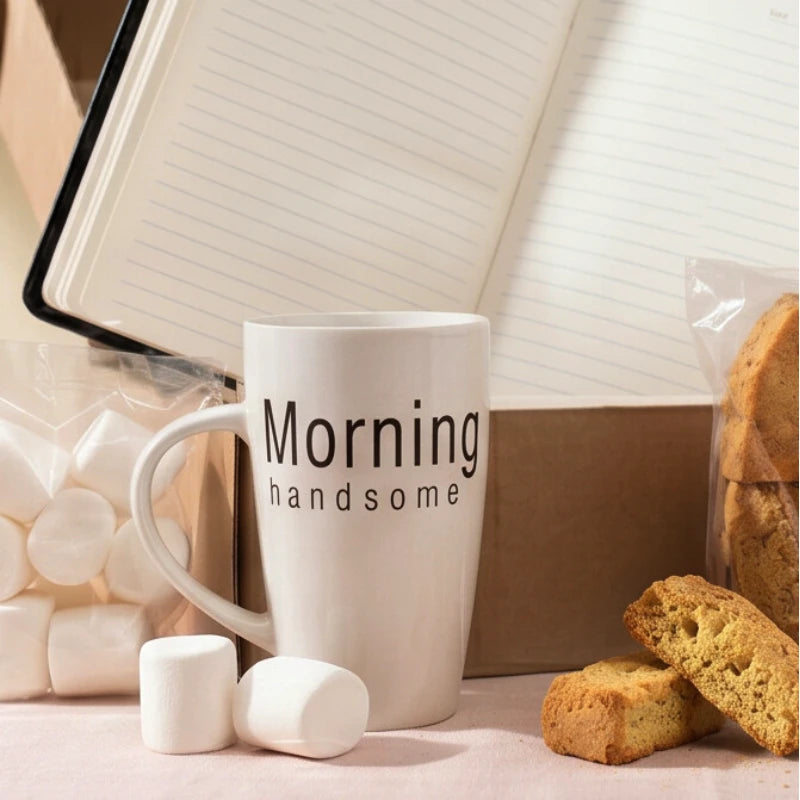 Morning Handsome ceramic mug with marshmallows, biscotti and a lined notebook from the Morning Handsome gift box for him, Fabulous Flowers and Gifts