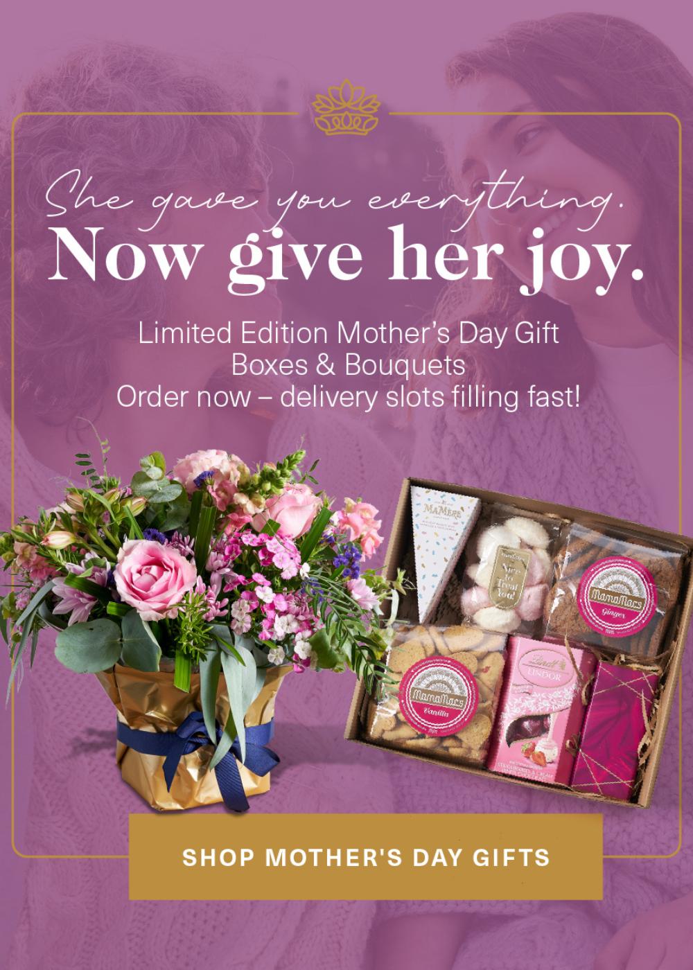 Mother’s Day mobile banner with pink bouquet, gourmet treats, and joyful message: ‘Now give her joy.