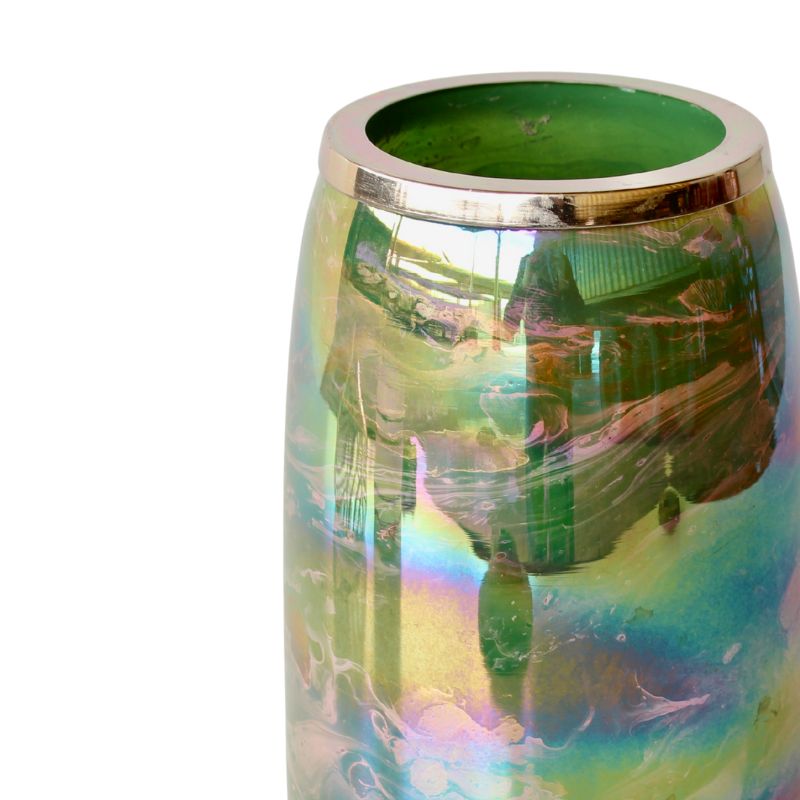 Iridescent cylindrical object with reflective surface on a white background