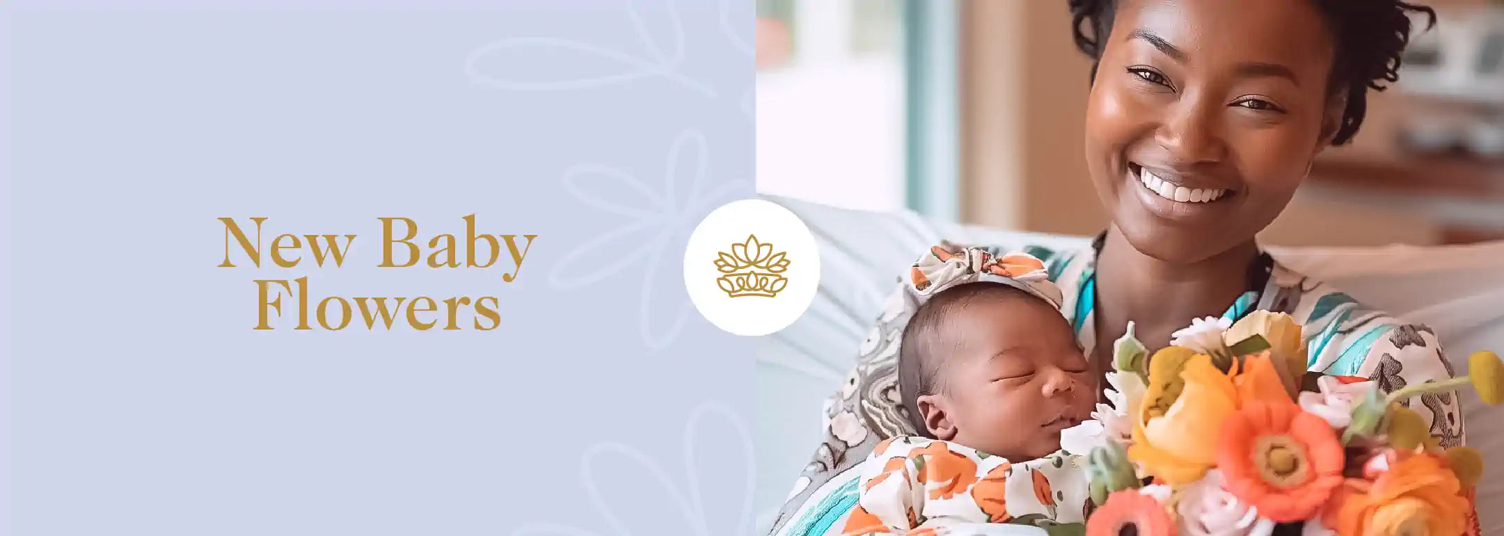 A delighted mother holding a vibrant bouquet of flowers with her newborn baby. Fabulous Flowers and Gifts - New Baby Flowers