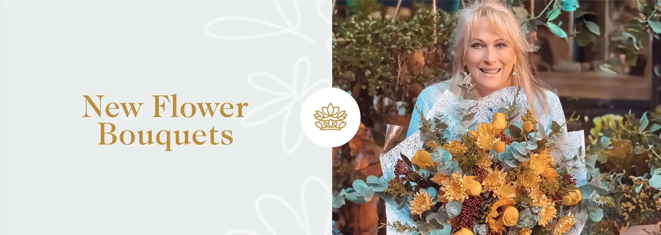 A smiling woman holding a vibrant bouquet of yellow flowers. Fabulous Flowers and Gifts - New Flower Bouquets